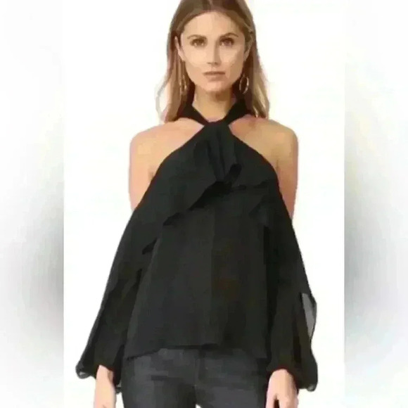 KOBI HALPERIN NWT Adrienne Ruffled Cold-shoulder Silk Blouse In Black Size XS - Picture 2 of 11